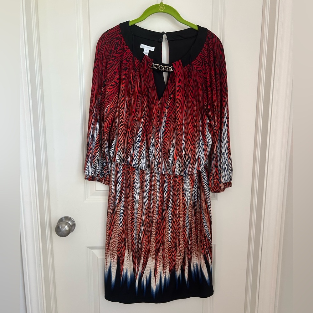 London Times Colorful Sheath Dress V-neck Bishop Sleeve